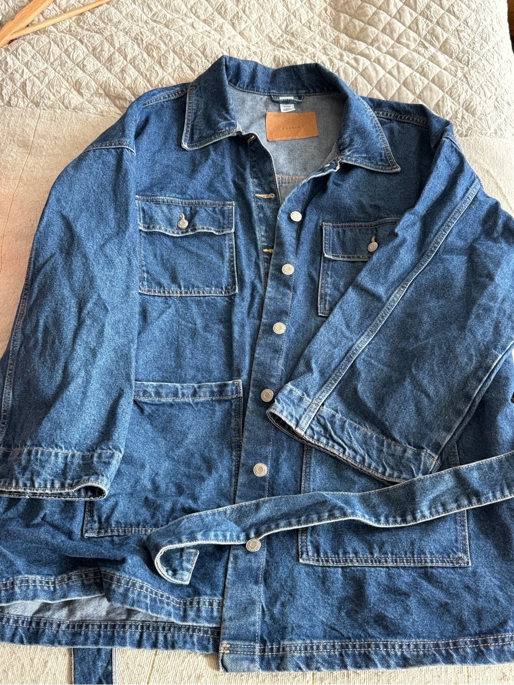 H&M Blue Denim Button-Up Jacket with belt